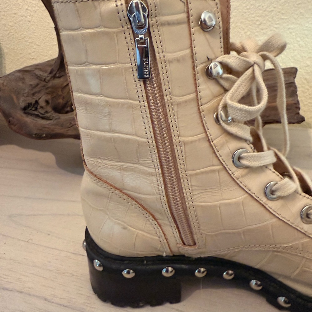 SCHUTZ Cream Croc-Embossed Combat Boots with stud detail - Picture 9 of 9